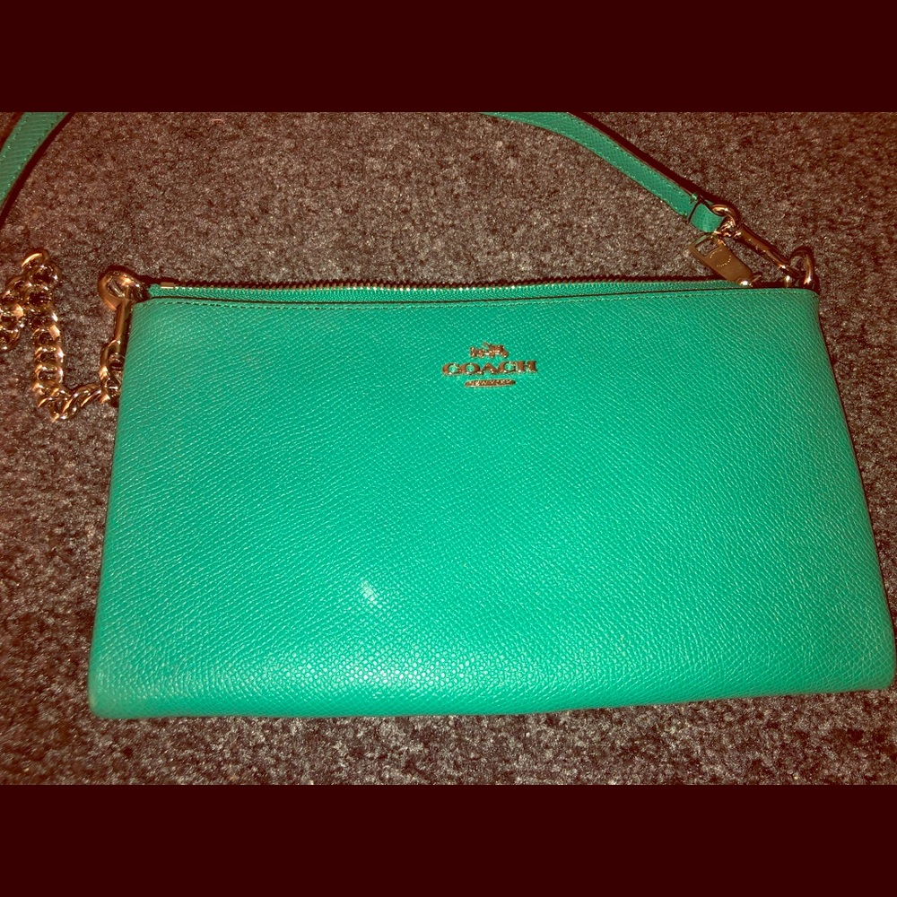 Green side clutch or chain bag.